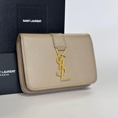 Saint Laurent YSL Wallet Cassandra Bi-fold Compact Leather Beige Gold Authentic