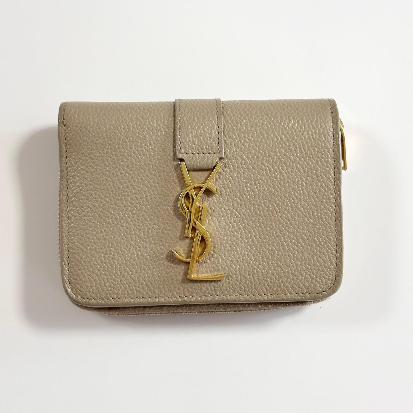 Saint Laurent YSL Wallet Cassandra Bi-fold Compact Leather Beige Gold Authentic