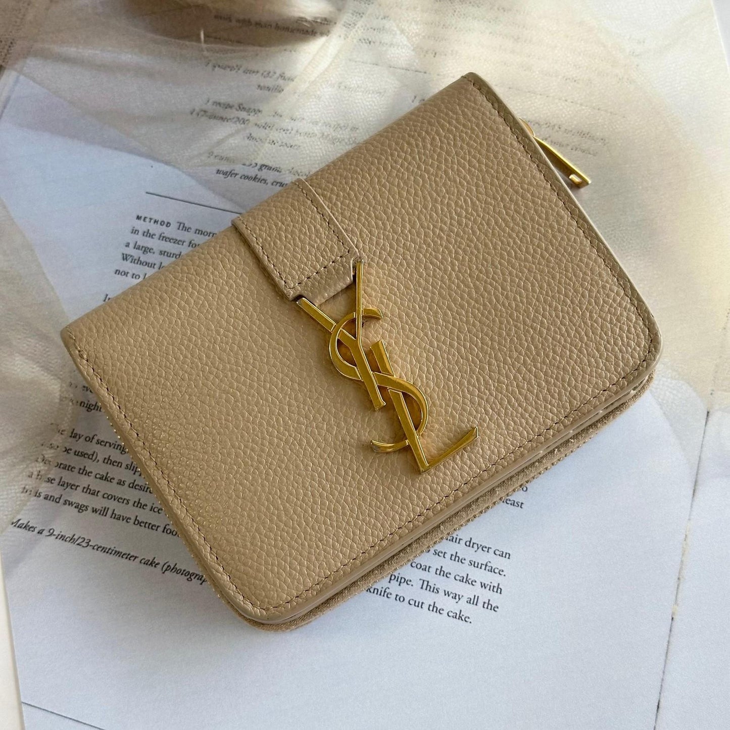 Saint Laurent YSL Wallet Cassandra Bi-fold Compact Leather Beige Gold Authentic