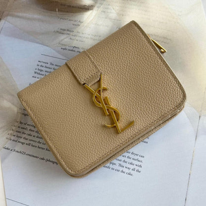 Saint Laurent YSL Wallet Cassandra Bi-fold Compact Leather Beige Gold Authentic