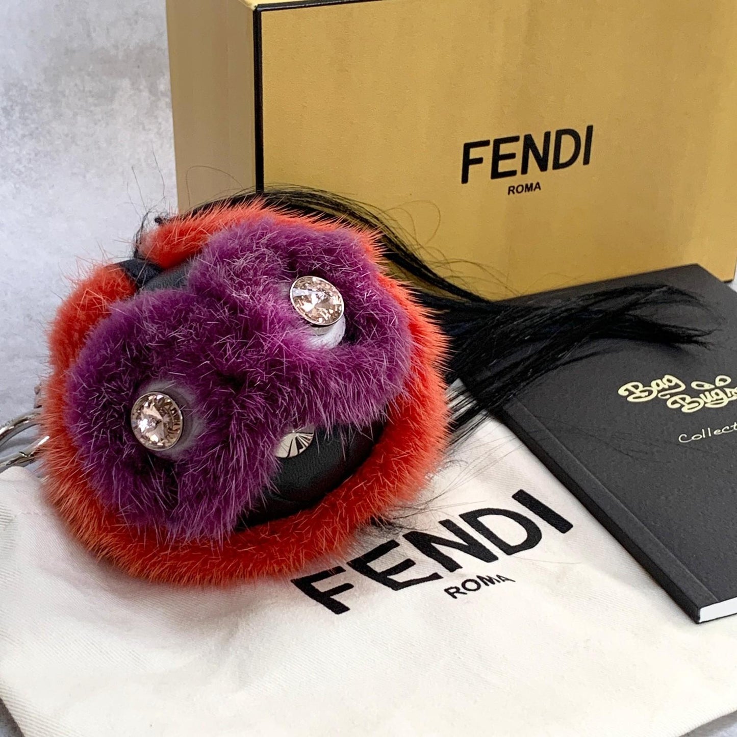 FENDI Bag Charm Monster Key Holder Strap Leather Red With Box Authentic