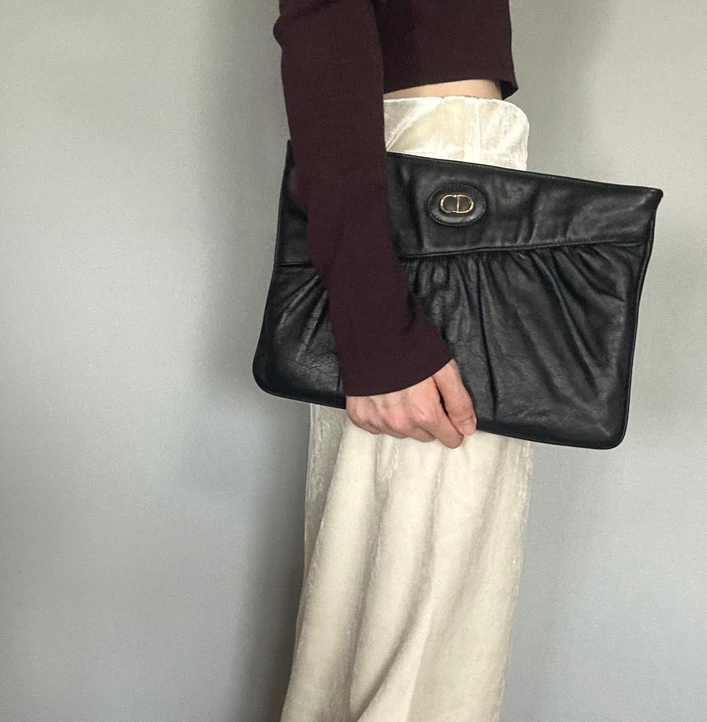 Christian Dior Bag CD Clutch Purse Hand Leather Black Gold Used Authentic