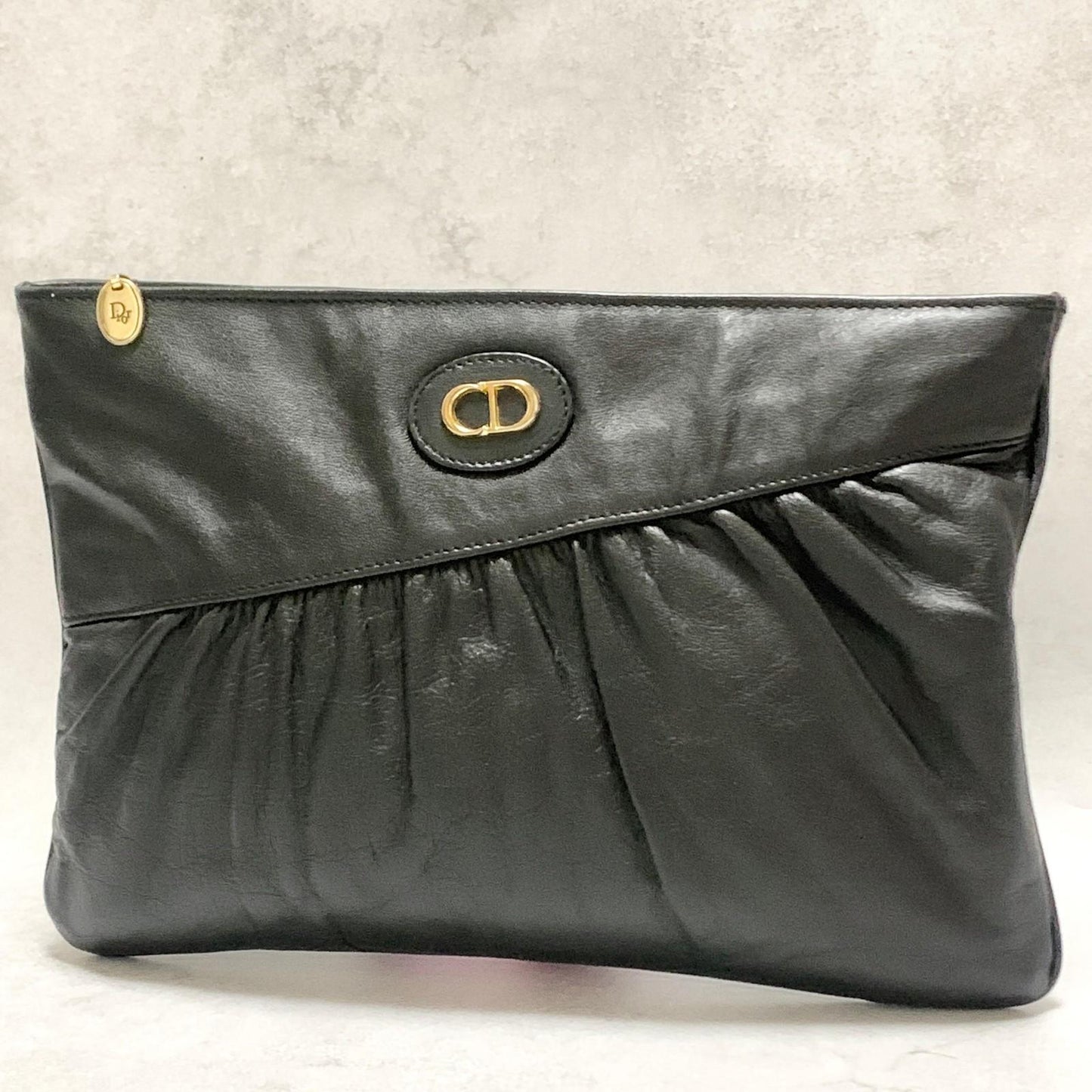 Christian Dior Bag CD Clutch Purse Hand Leather Black Gold Used Authentic