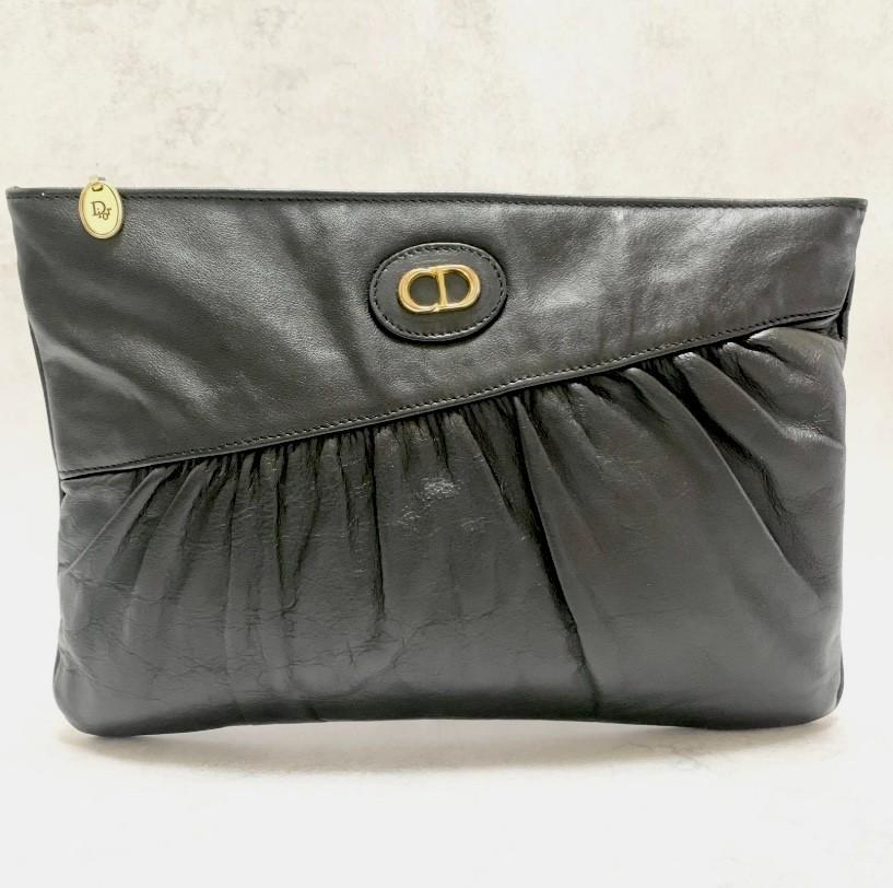 Christian Dior Bag CD Clutch Purse Hand Leather Black Gold Used Authentic