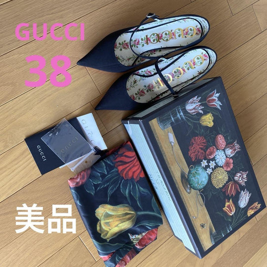 GUCCI Shoes Pumps Heel Flower EU 38 US 8 Black Authentic