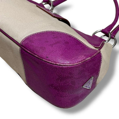 PRADA Hand Bag Tote Purse Canvas Leather Purple Authentic