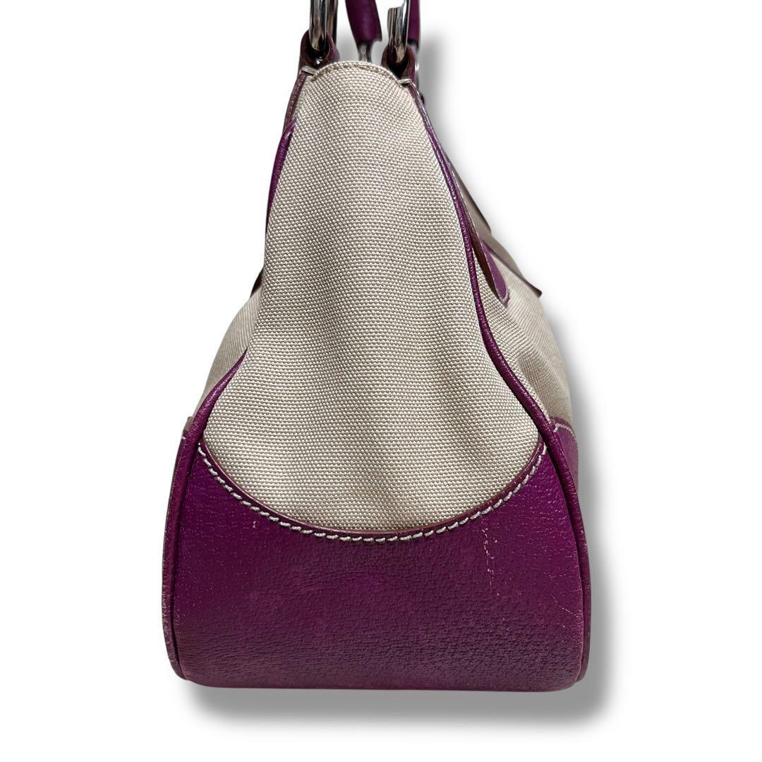 PRADA Hand Bag Tote Purse Canvas Leather Purple Authentic