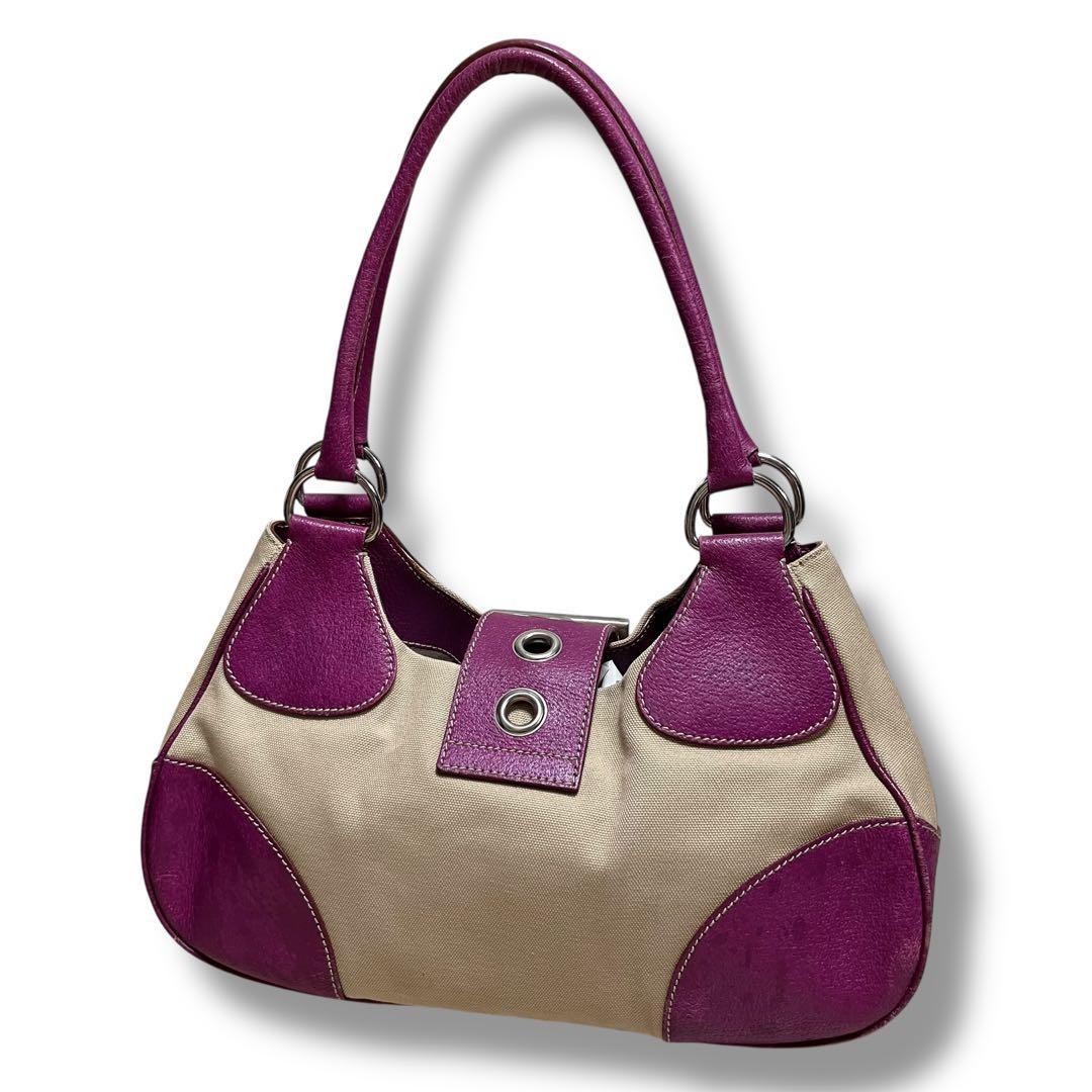 PRADA Hand Bag Tote Purse Canvas Leather Purple Authentic