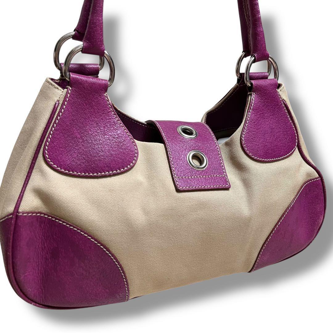PRADA Hand Bag Tote Purse Canvas Leather Purple Authentic