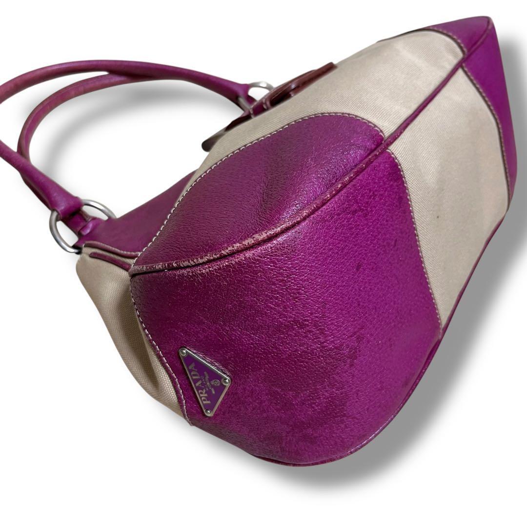 PRADA Hand Bag Tote Purse Canvas Leather Purple Authentic