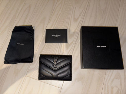 Saint Laurent Bi-fold Wallet Flap Compact Purse YSL Cassandra Leather Black Auth
