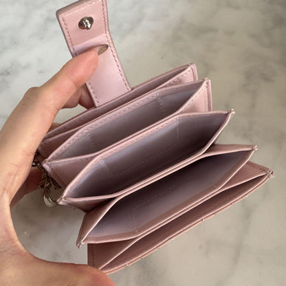 Christian Dior Card Holder Compact Wallet Purse Quilting Leather Pink Authentic