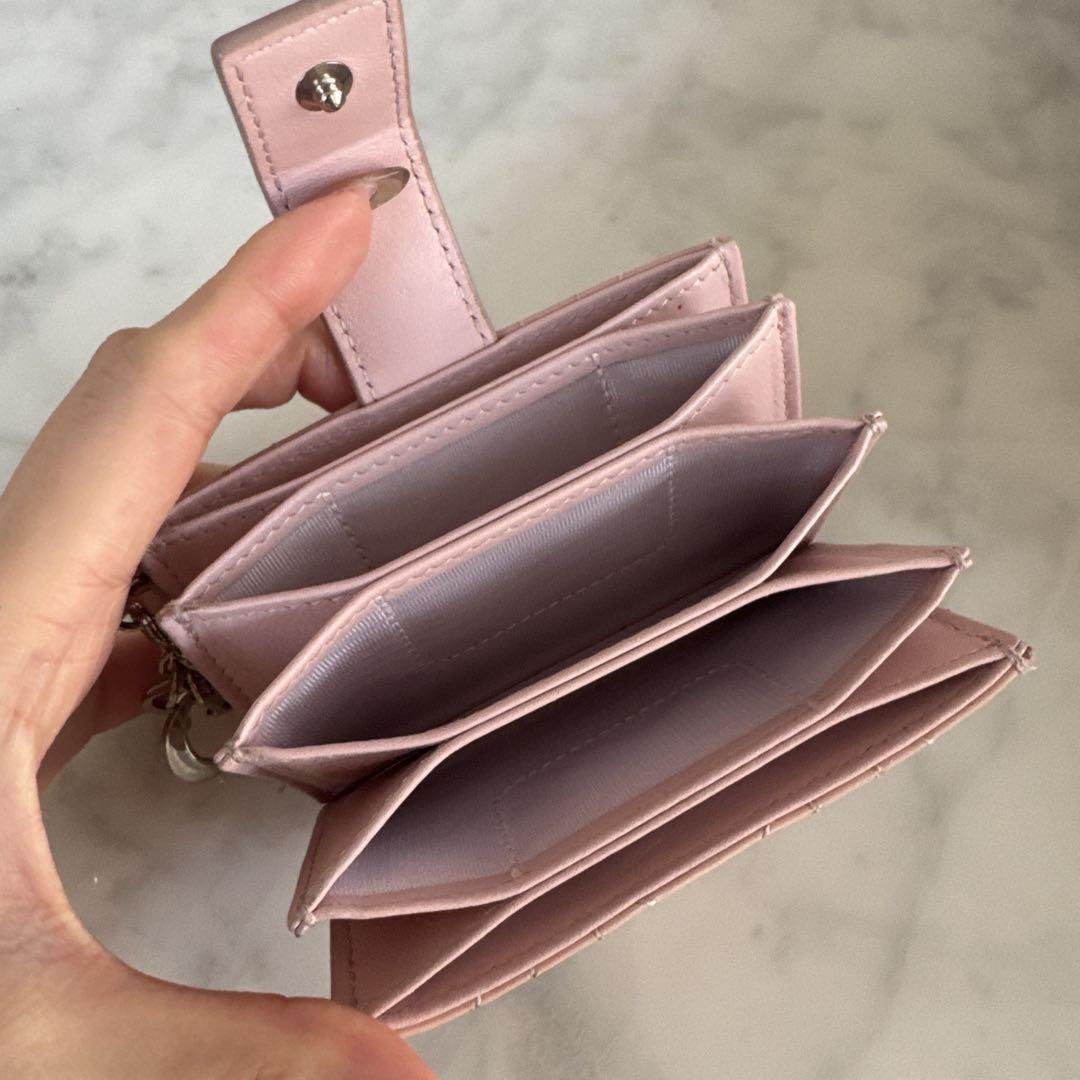 Christian Dior Card Holder Compact Wallet Purse Quilting Leather Pink Authentic