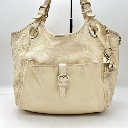 Christian Dior Shoulder Bag Purse Cannage Leather Beige Authentic