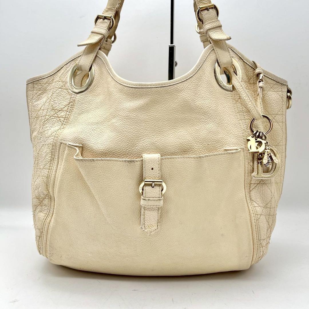 Christian Dior Shoulder Bag Purse Cannage Leather Beige Authentic