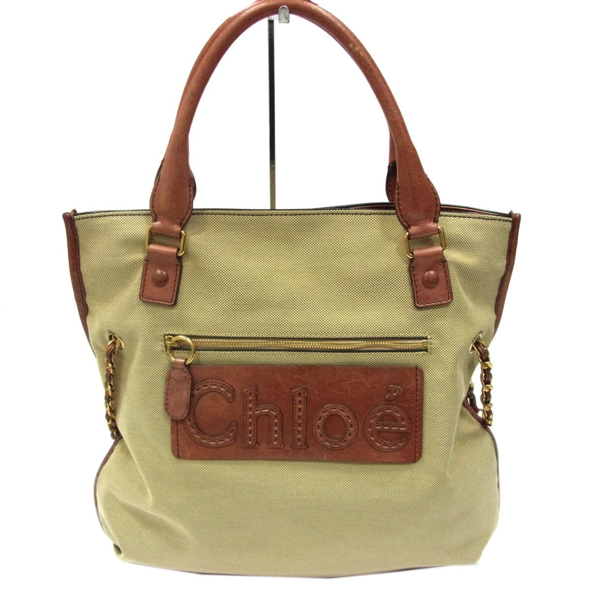 Chloe Hand Bag Tote Purse HALAY Canvas Leather Khaki Beige Brown Authentic