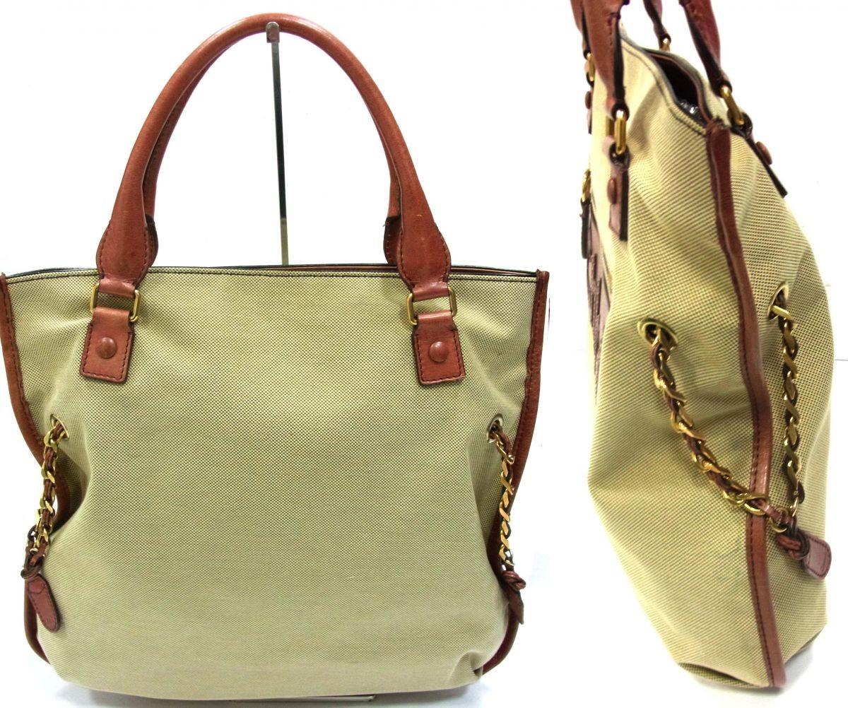Chloe Hand Bag Tote Purse HALAY Canvas Leather Khaki Beige Brown Authentic