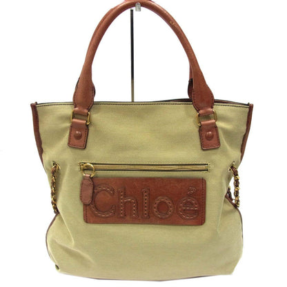 Chloe Hand Bag Tote Purse HALAY Canvas Leather Khaki Beige Brown Authentic