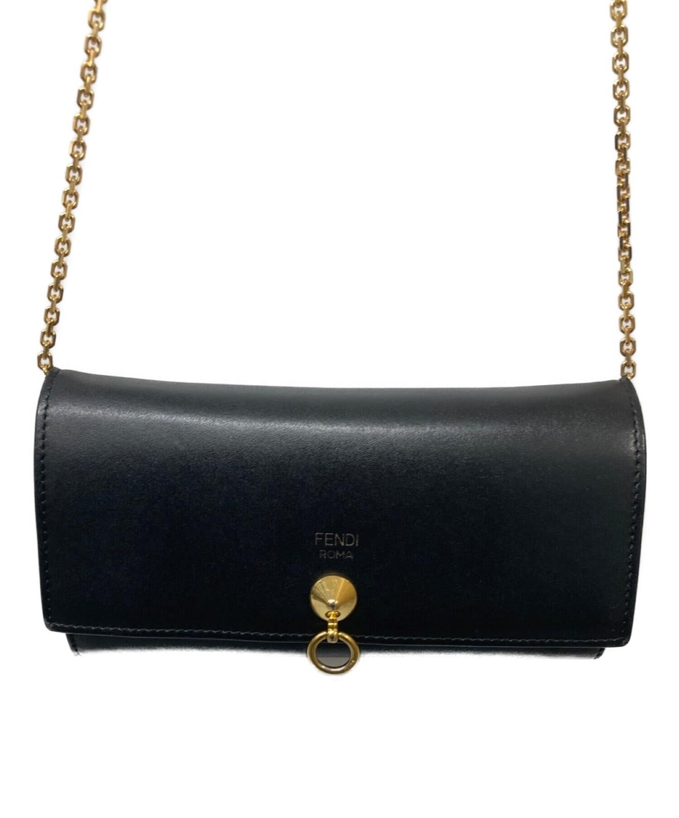 FENDI Shoulder Bag Purse Chain Wallet Black Authentic