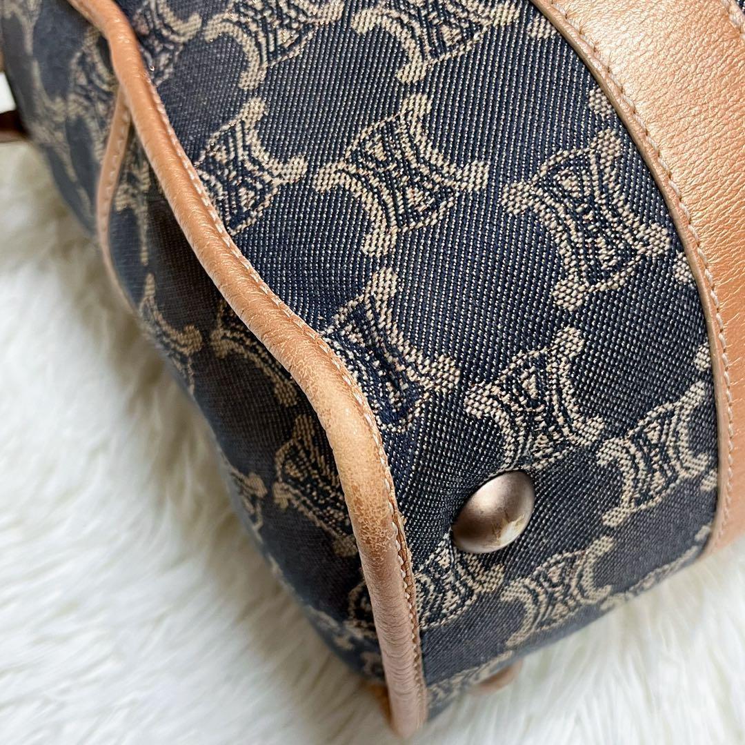 CELINE Hand Bag Tote Purse Macadam Canvas Leather Indigo Pink Gold Authentic