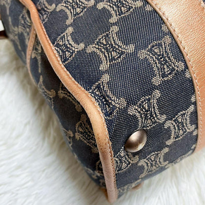 CELINE Hand Bag Tote Purse Macadam Canvas Leather Indigo Pink Gold Authentic