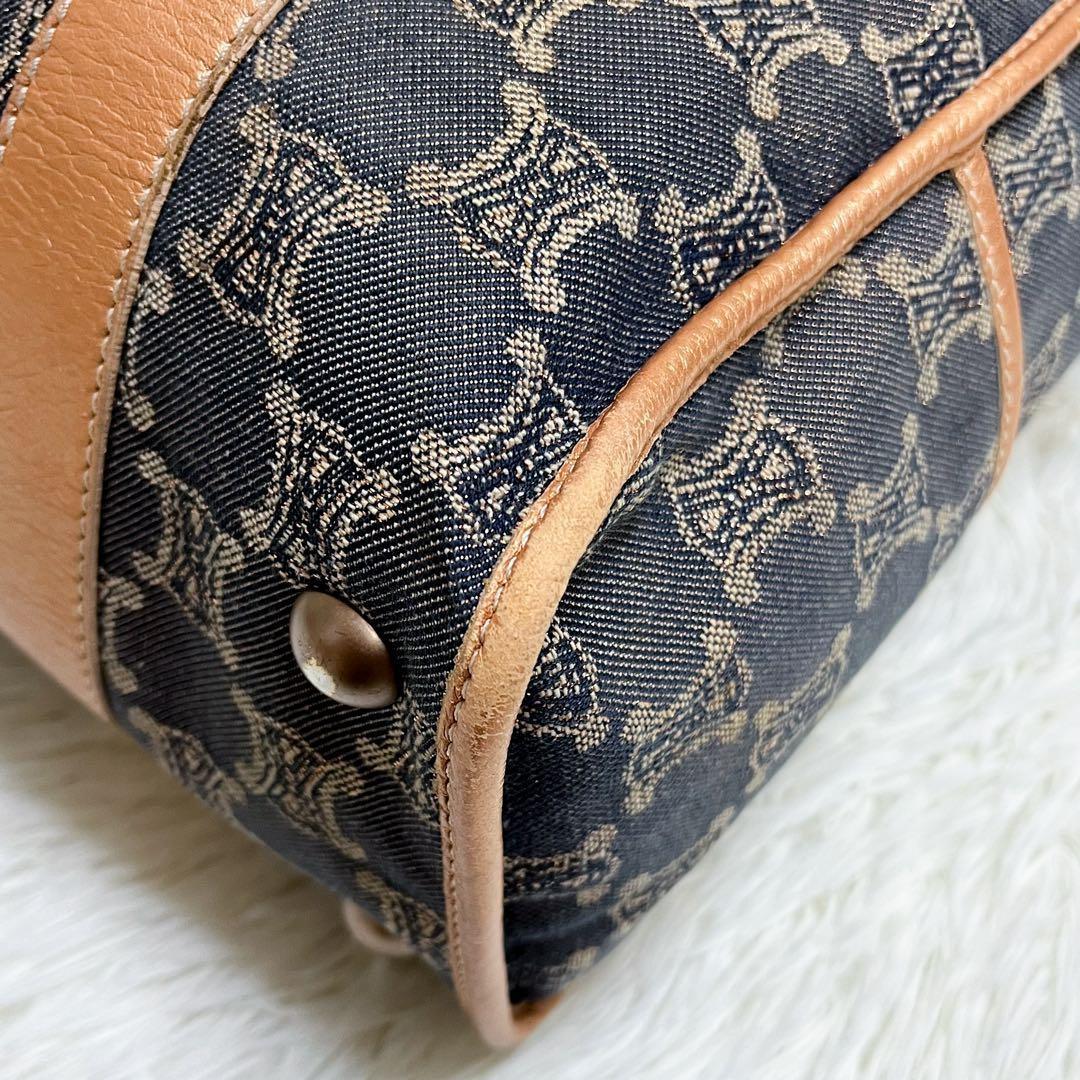 CELINE Hand Bag Tote Purse Macadam Canvas Leather Indigo Pink Gold Authentic