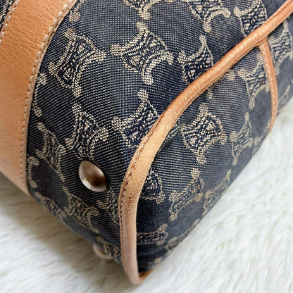 CELINE Hand Bag Tote Purse Macadam Canvas Leather Indigo Pink Gold Authentic