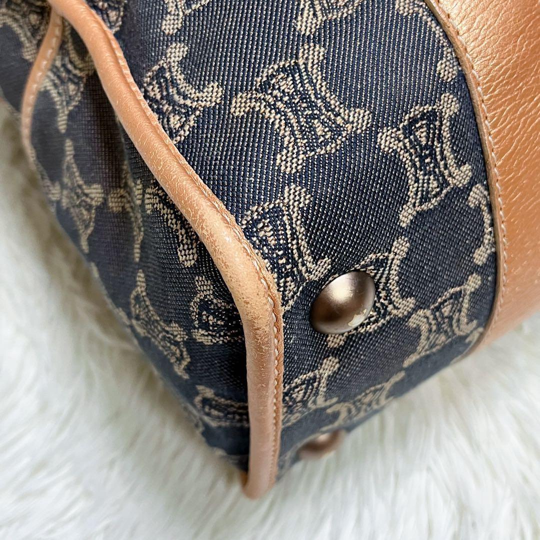 CELINE Hand Bag Tote Purse Macadam Canvas Leather Indigo Pink Gold Authentic
