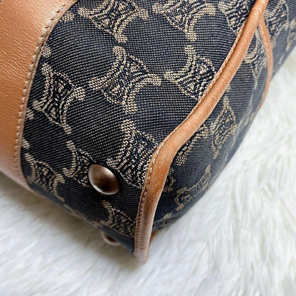 CELINE Hand Bag Tote Purse Macadam Canvas Leather Indigo Pink Gold Authentic