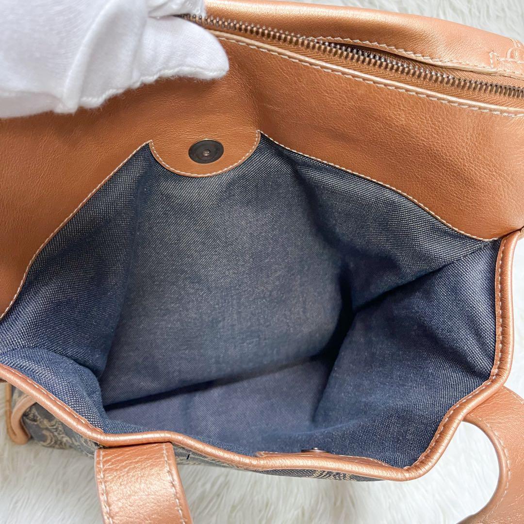 CELINE Hand Bag Tote Purse Macadam Canvas Leather Indigo Pink Gold Authentic