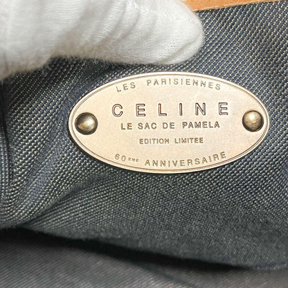 CELINE Hand Bag Tote Purse Macadam Canvas Leather Indigo Pink Gold Authentic