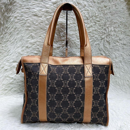 CELINE Hand Bag Tote Purse Macadam Canvas Leather Indigo Pink Gold Authentic