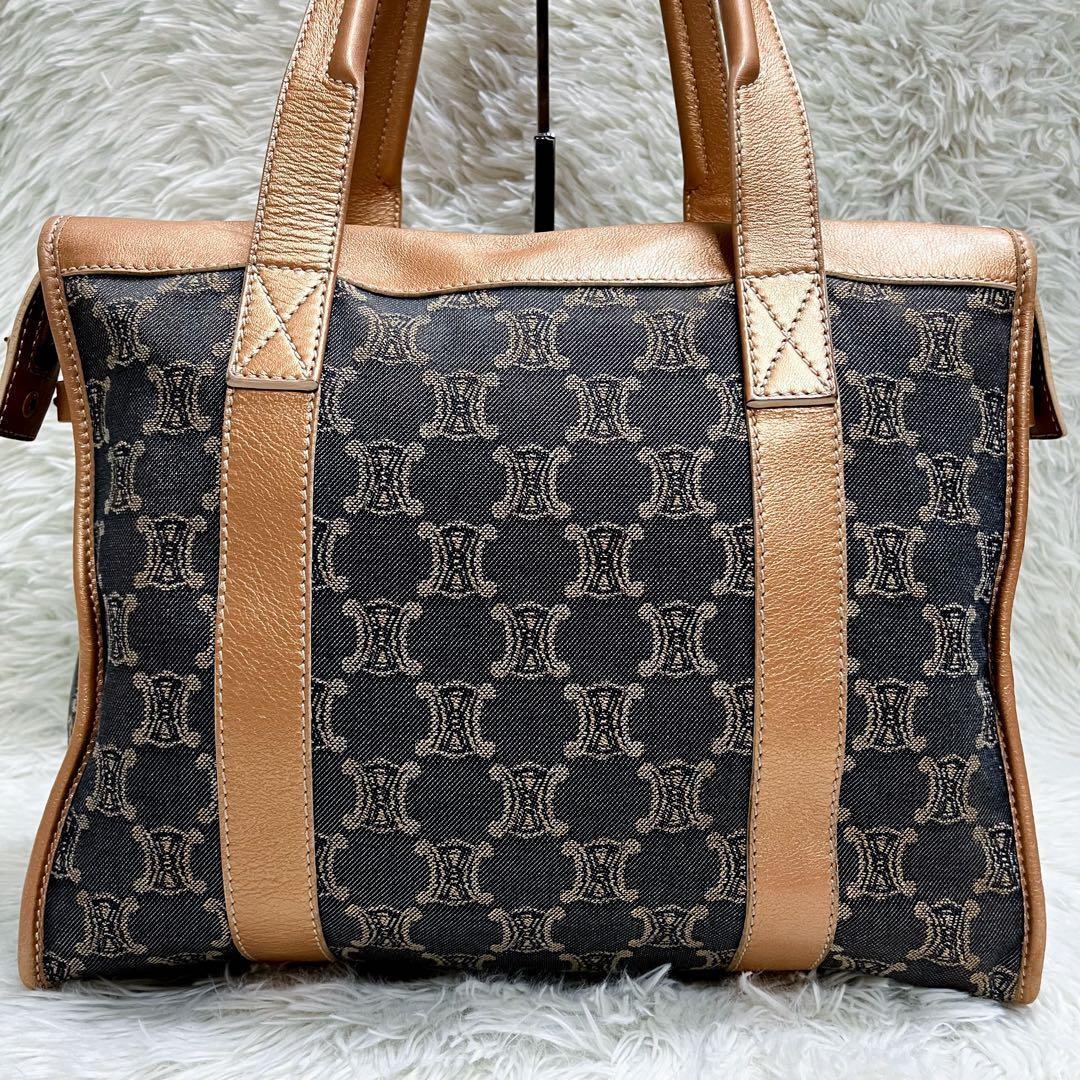 CELINE Hand Bag Tote Purse Macadam Canvas Leather Indigo Pink Gold Authentic