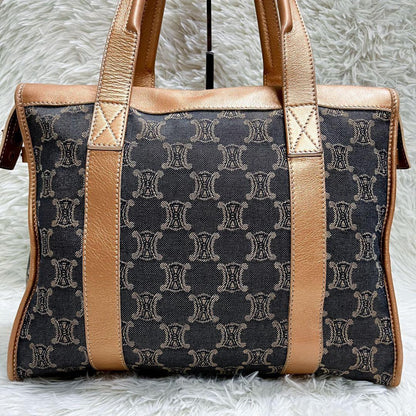 CELINE Hand Bag Tote Purse Macadam Canvas Leather Indigo Pink Gold Authentic