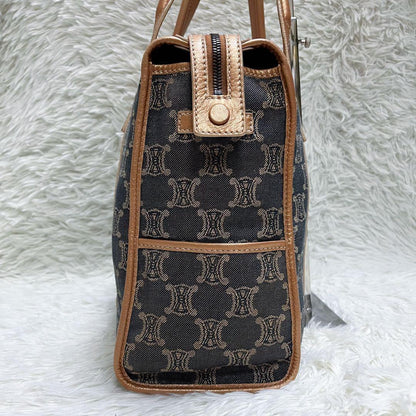 CELINE Hand Bag Tote Purse Macadam Canvas Leather Indigo Pink Gold Authentic