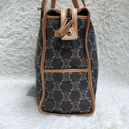 CELINE Hand Bag Tote Purse Macadam Canvas Leather Indigo Pink Gold Authentic