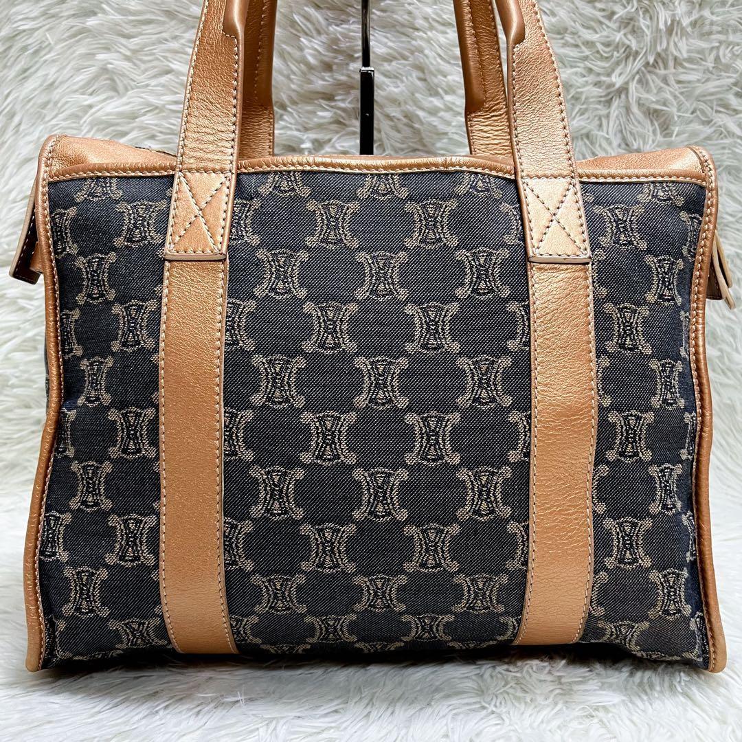 CELINE Hand Bag Tote Purse Macadam Canvas Leather Indigo Pink Gold Authentic