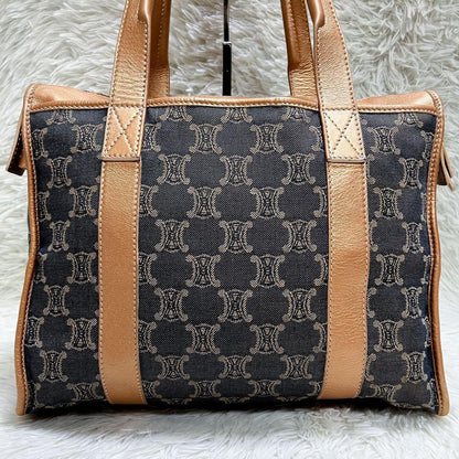 CELINE Hand Bag Tote Purse Macadam Canvas Leather Indigo Pink Gold Authentic