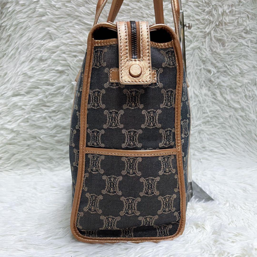 CELINE Hand Bag Tote Purse Macadam Canvas Leather Indigo Pink Gold Authentic
