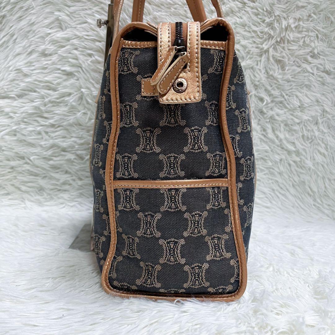 CELINE Hand Bag Tote Purse Macadam Canvas Leather Indigo Pink Gold Authentic