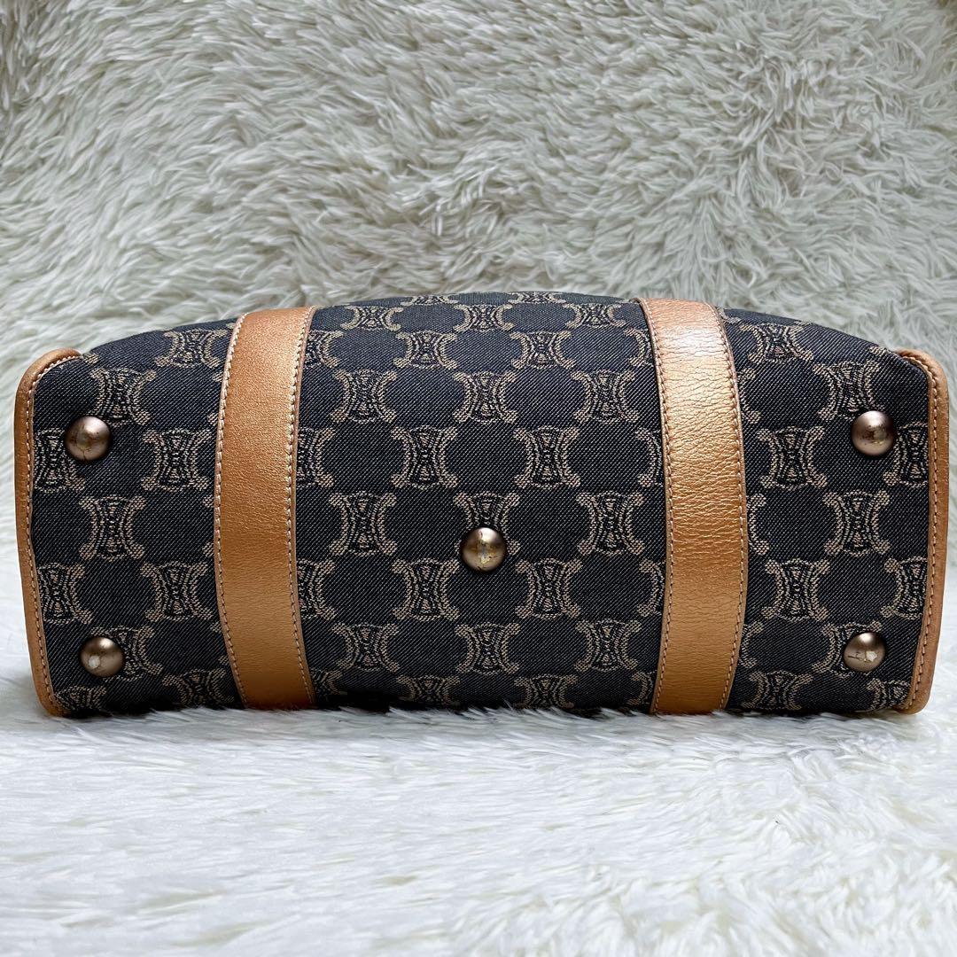 CELINE Hand Bag Tote Purse Macadam Canvas Leather Indigo Pink Gold Authentic