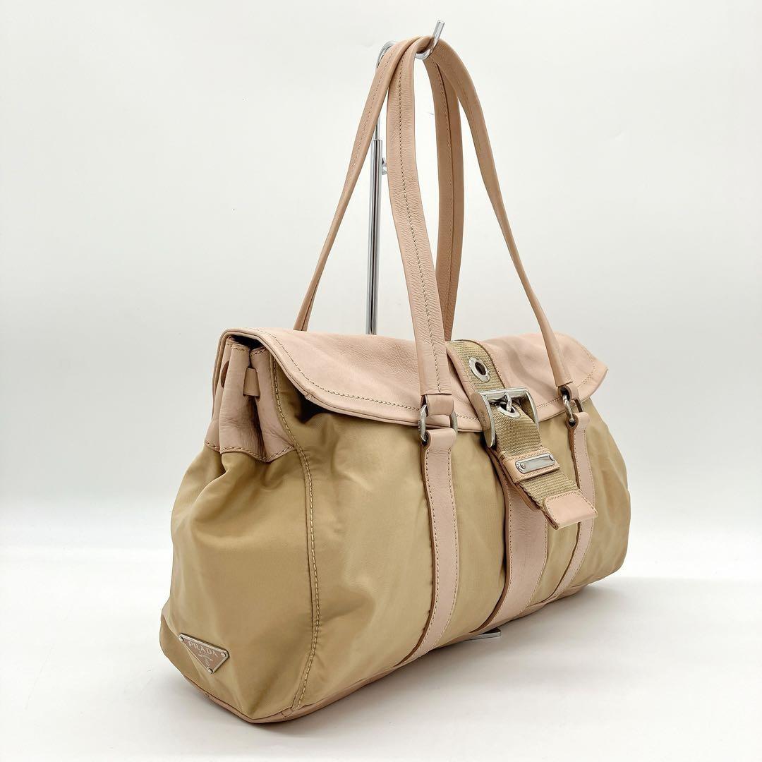 PRADA Shoulder Bag Purse Logo Nylon Leather Pink Brown Authentic