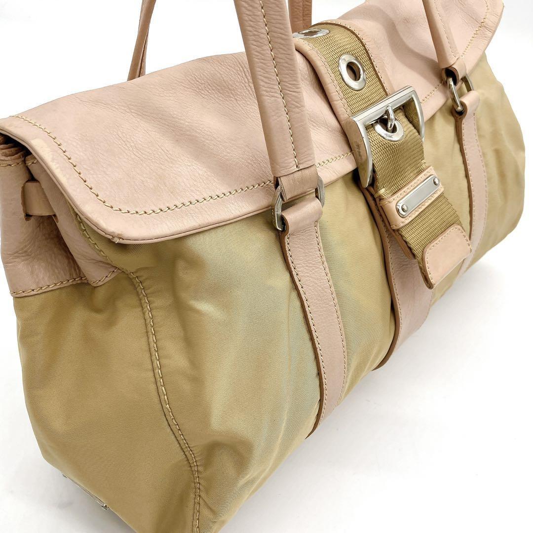 PRADA Shoulder Bag Purse Logo Nylon Leather Pink Brown Authentic