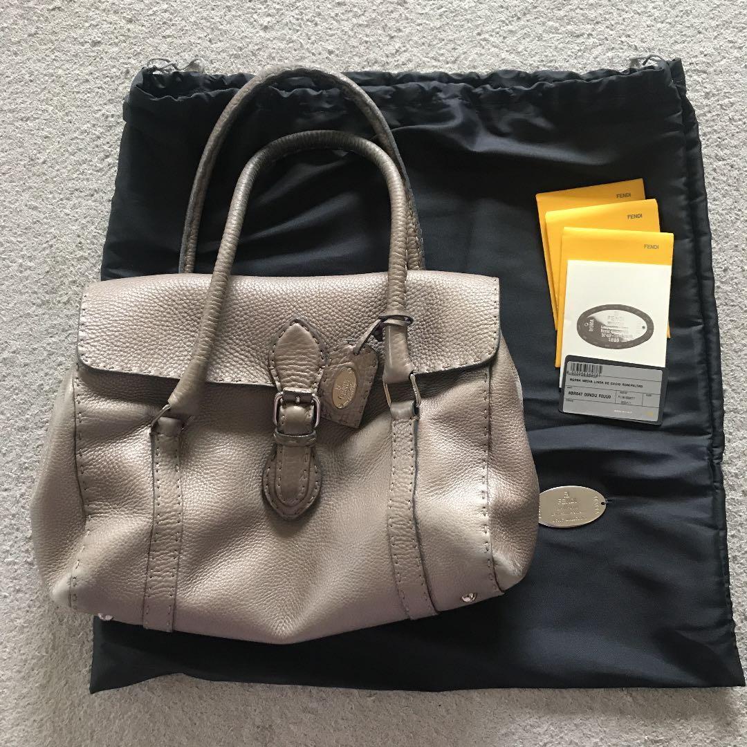 FENDI Hand Bag Tote Purse Selleria Leather Silver Gray Authentic