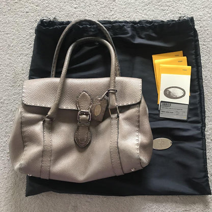 FENDI Hand Bag Tote Purse Selleria Leather Silver Gray Authentic