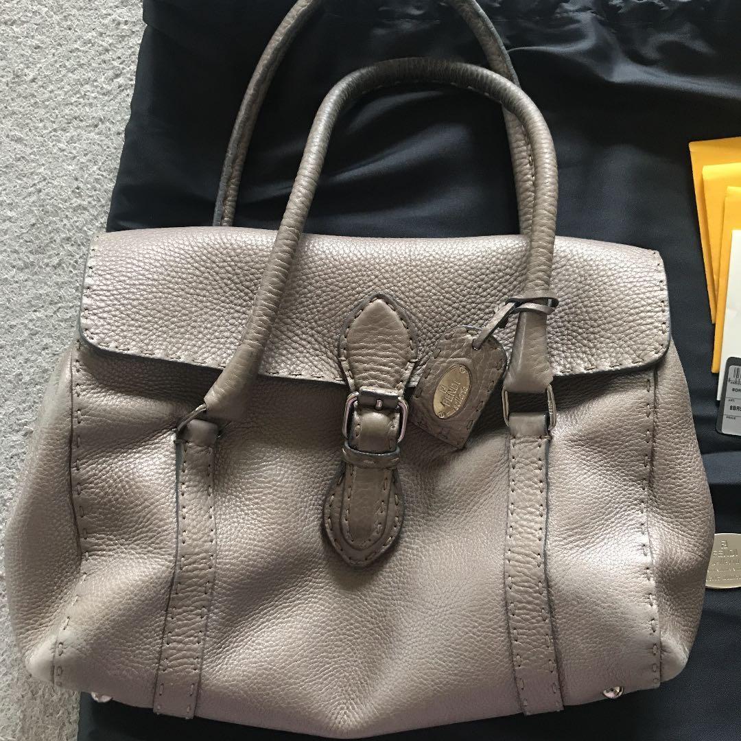 FENDI Hand Bag Tote Purse Selleria Leather Silver Gray Authentic
