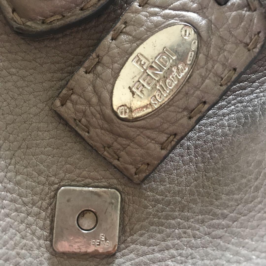 FENDI Hand Bag Tote Purse Selleria Leather Silver Gray Authentic