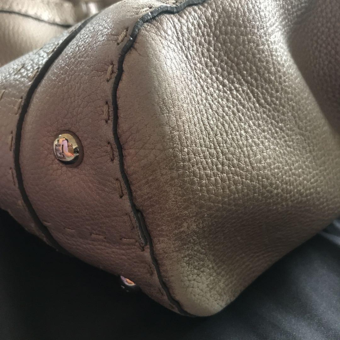 FENDI Hand Bag Tote Purse Selleria Leather Silver Gray Authentic