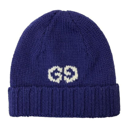 Gucci Cable Knit Beanie Knit Cap GG Logo Wool Navy Size S Authentic