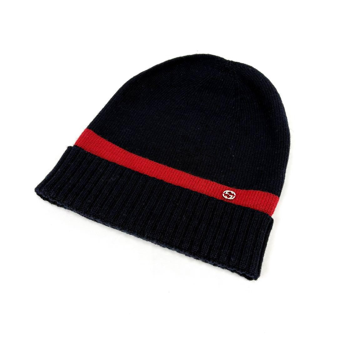 Gucci Knit Cap GG Logo Sherry Line Navy Red Size M Men's Authentic
